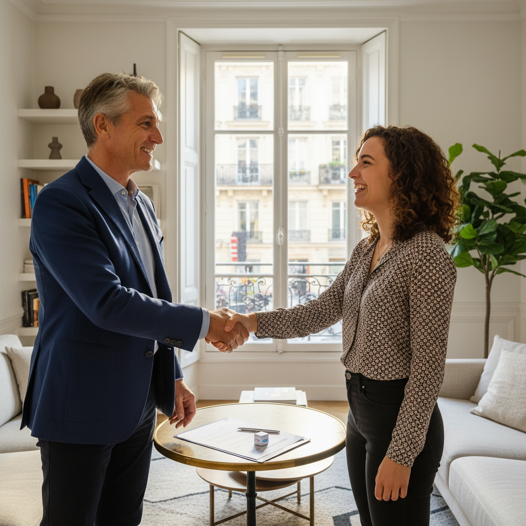 A photorealistic image of an adult landlord and tenant shaking hands in a modern French apartment, symbolizing a successful rent increase agreement, with subtle French elements like a window view of Paris in the background. No children present.