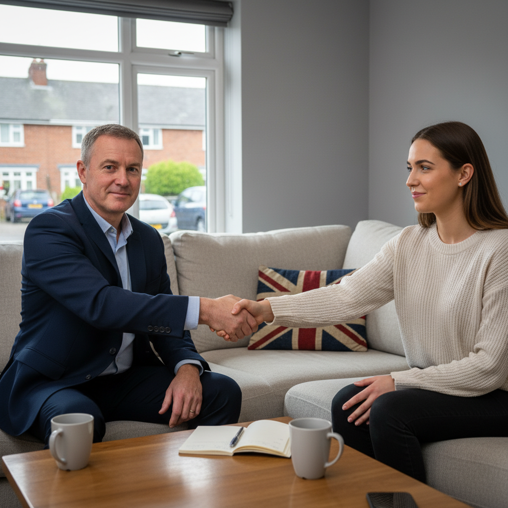 A photorealistic image of an adult professional landlord and tenant shaking hands in a modern UK apartment, symbolizing the agreement process in serving a Section 13 notice for rent increase, with subtle British elements like a Union Jack flag in the background, no children present.