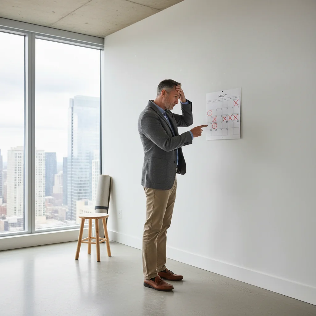 A photorealistic image of a frustrated adult landlord standing in an empty rental apartment, looking at a calendar on the wall, symbolizing the challenges and mistakes in the eviction process under housing laws, with natural light filtering through windows, no children present.