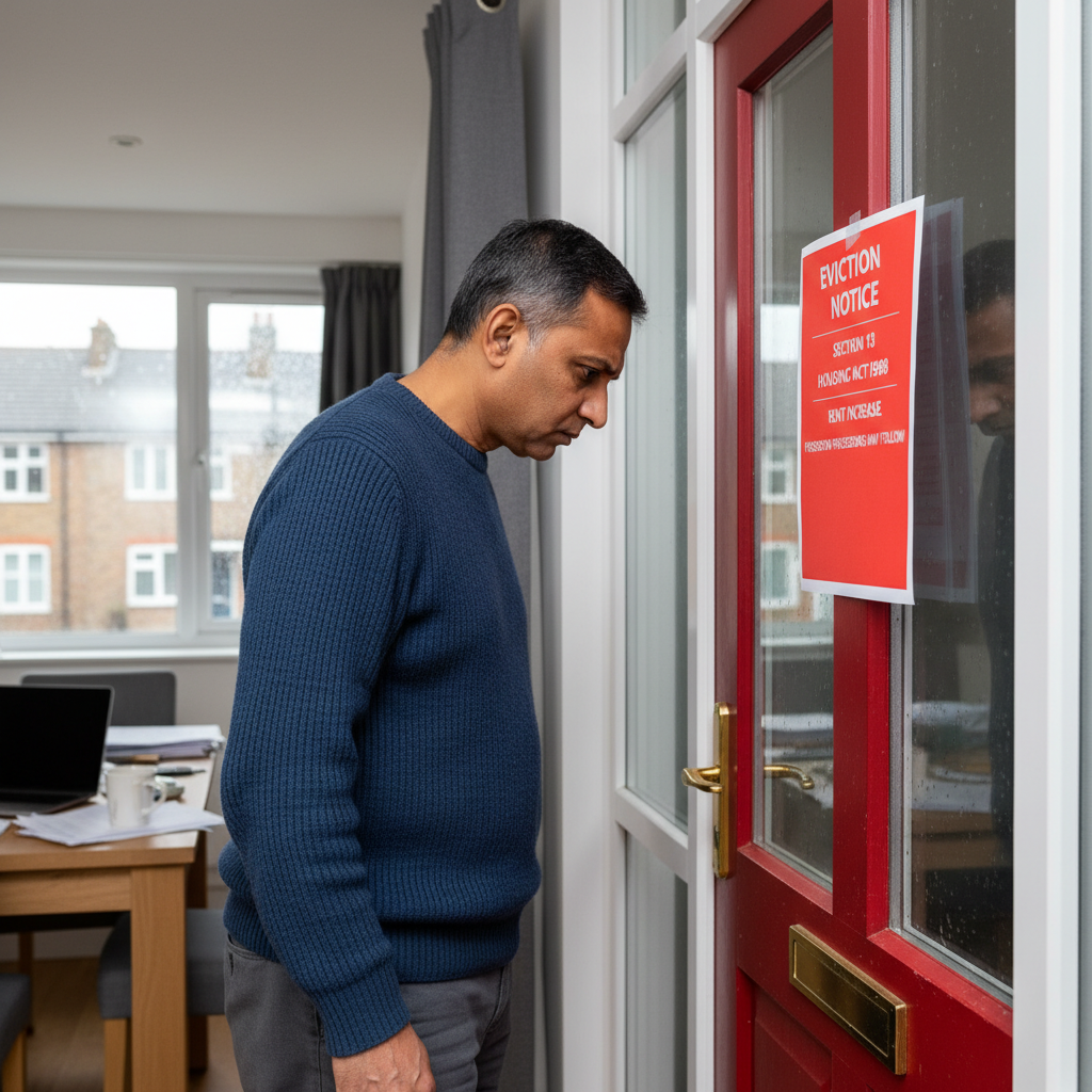 A photorealistic image of a concerned adult tenant in a modern UK apartment, looking out the window at an eviction notice on the door, symbolizing the need for a Section 13 Notice in housing tenancy situations. The scene captures the stress of rent increases and tenancy changes without showing any legal documents directly.