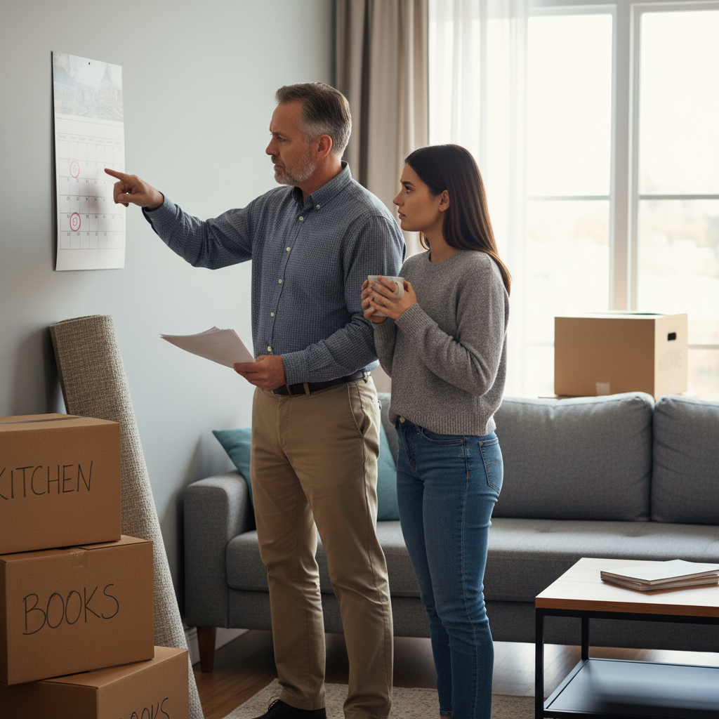 A photorealistic image depicting a tense negotiation between a middle-aged landlord and a frustrated adult tenant in a modern apartment setting, symbolizing the legal aspects of rent increase termination notices, with subtle elements like a lease agreement on a table but no focus on documents, ensuring no children are present and maintaining a professional atmosphere.