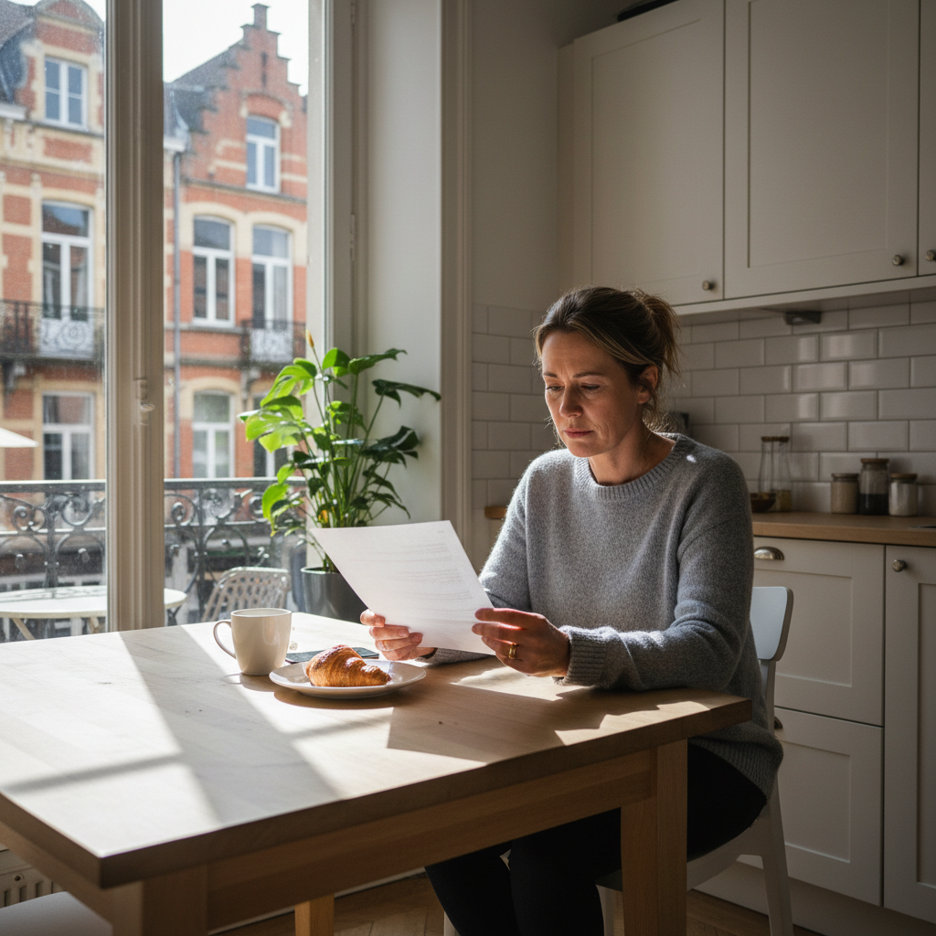 A photorealistic image of an adult tenant in a modern Belgian apartment, looking thoughtfully at a rent increase notice on a table, with subtle Belgian elements like a window view of Brussels architecture in the background, evoking the theme of housing costs in Belgium.