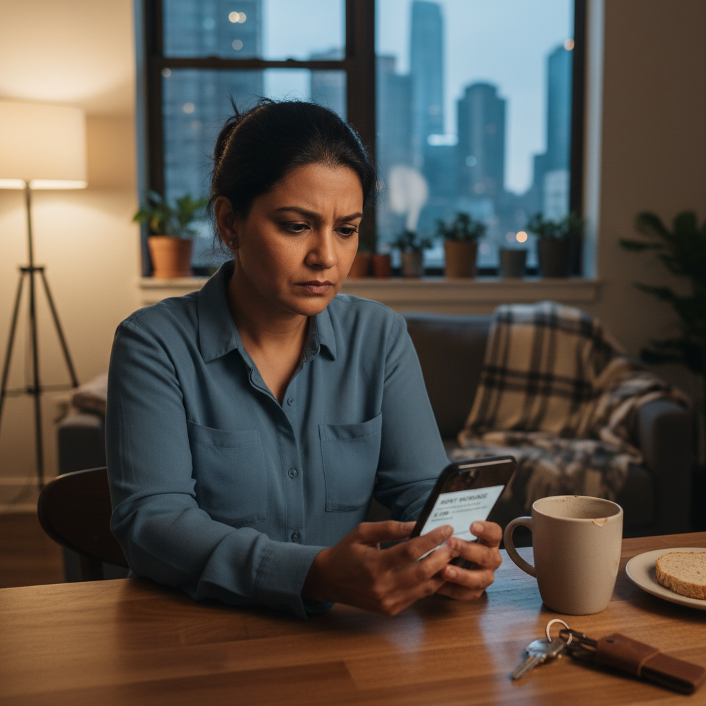 A photorealistic image of an adult tenant in a modern apartment, thoughtfully reviewing a rent increase notice on their phone while looking concerned, with subtle rental living elements like keys and a lease in the background, emphasizing rights and obligations without showing any legal documents prominently.