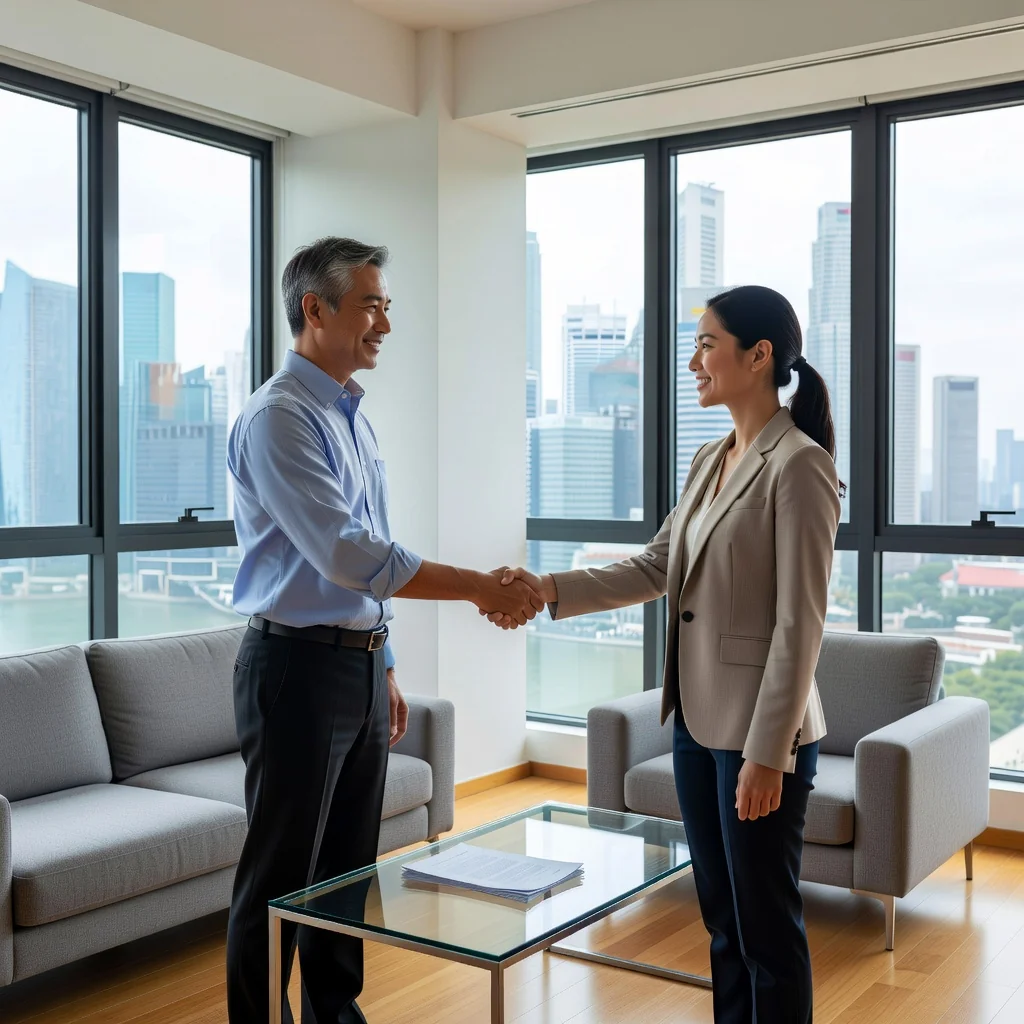 A photorealistic image of a professional adult landlord and tenant shaking hands in a modern Singapore apartment, symbolizing a fair rental agreement and rent adjustment discussion, with a subtle view of the city skyline in the background, conveying trust and legal compliance in tenancy.