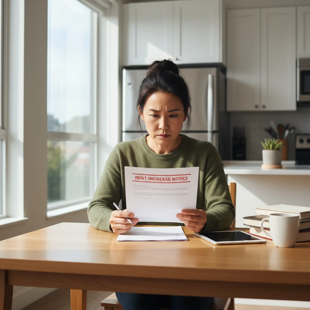 A photorealistic image of an adult tenant in a modern apartment, looking determined while reviewing a rent notice on a table, symbolizing a legal response to a rent increase, with no children present.