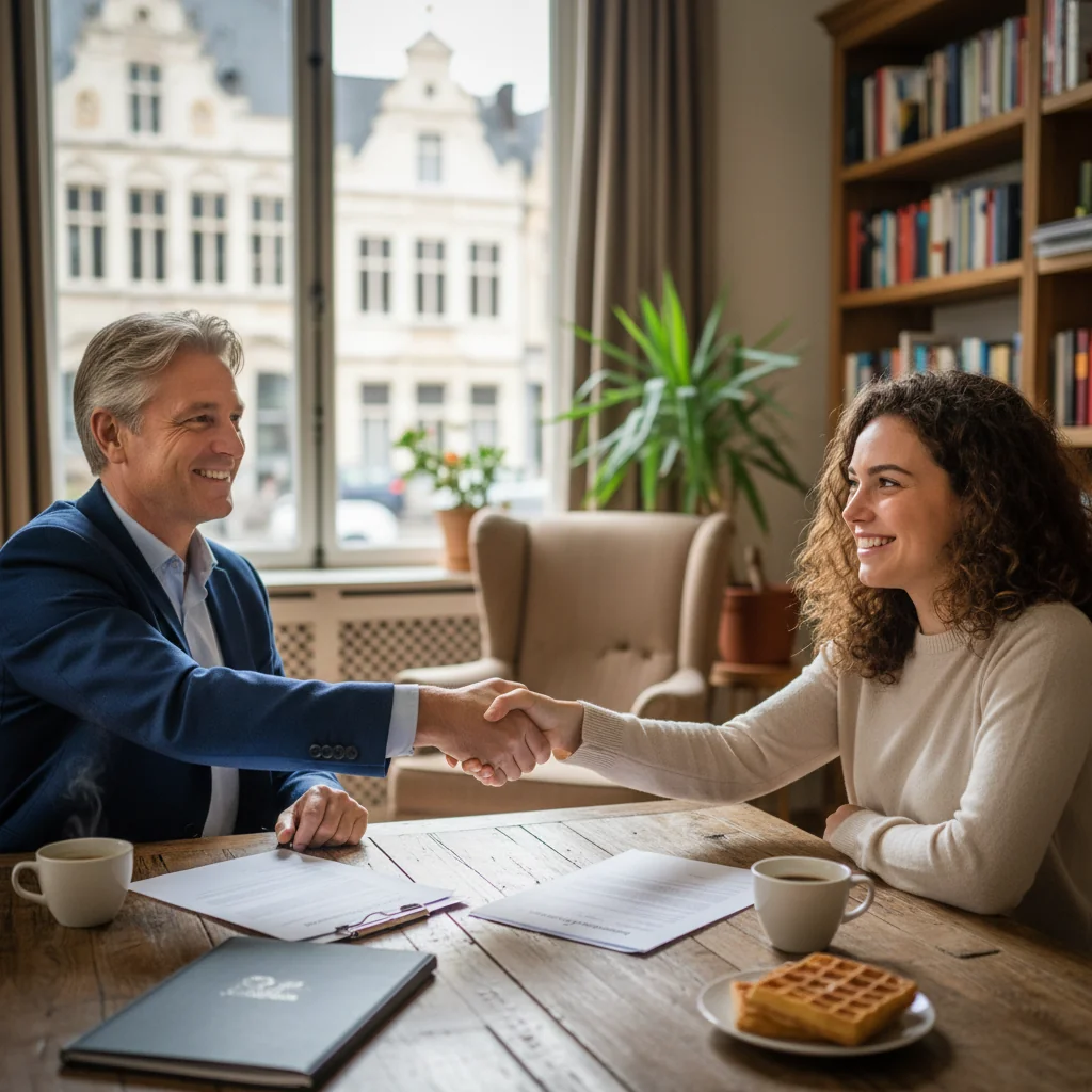 A photorealistic image of a professional adult landlord and tenant shaking hands in a modern Belgian apartment, symbolizing a fair rent increase agreement, with subtle Belgian architecture in the background like a Brussels street view through a window.