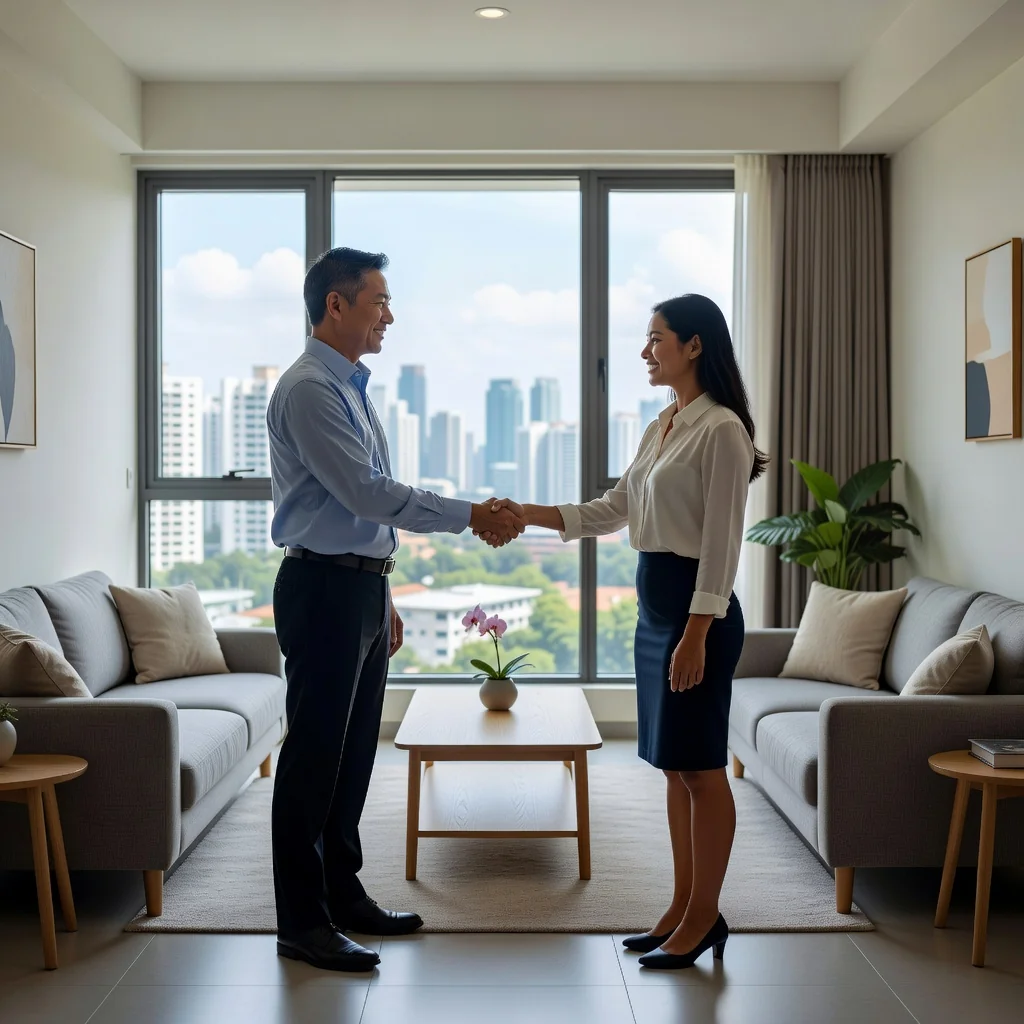 A photorealistic image of a professional adult landlord and tenant shaking hands in a modern Singapore apartment, symbolizing a rent agreement discussion, with a subtle view of the city skyline in the background to represent the urban rental market.
