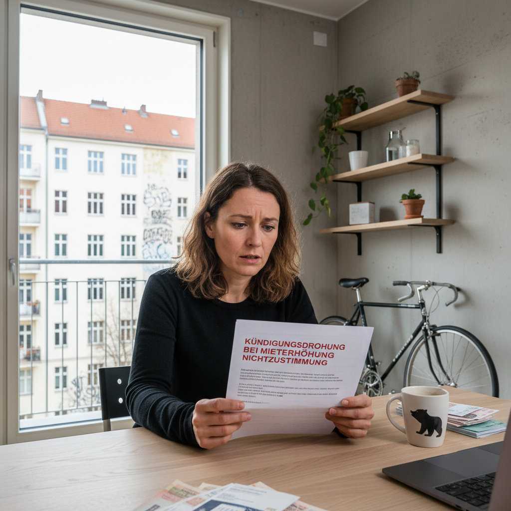 A photorealistic image depicting a frustrated adult tenant in a modern German apartment, looking at a rent increase notice on the table, symbolizing the decision to terminate the lease due to rising costs, with no children present.
