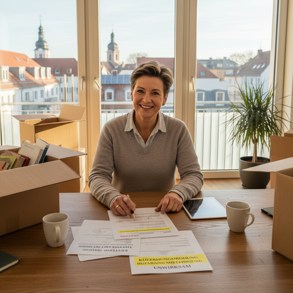 A photorealistic image of an adult tenant in a modern German apartment, looking relieved while packing boxes after successfully challenging a rent increase, symbolizing empowerment through legal action against unfair Mietpreiserhöhung, with subtle German urban background like Berlin skyline.