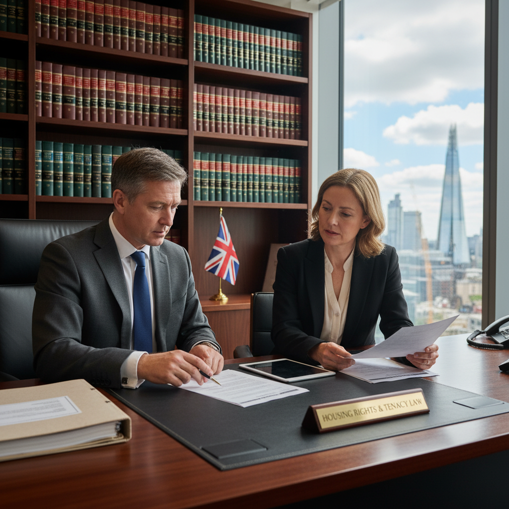 A professional scene in a modern UK office building, showing a determined adult solicitor or legal advisor consulting with a concerned adult tenant over a property dispute, symbolizing the purpose of a Section 13 Notice for rent increases in assured tenancies. The image conveys fairness and legal protection in housing matters, with no children present.