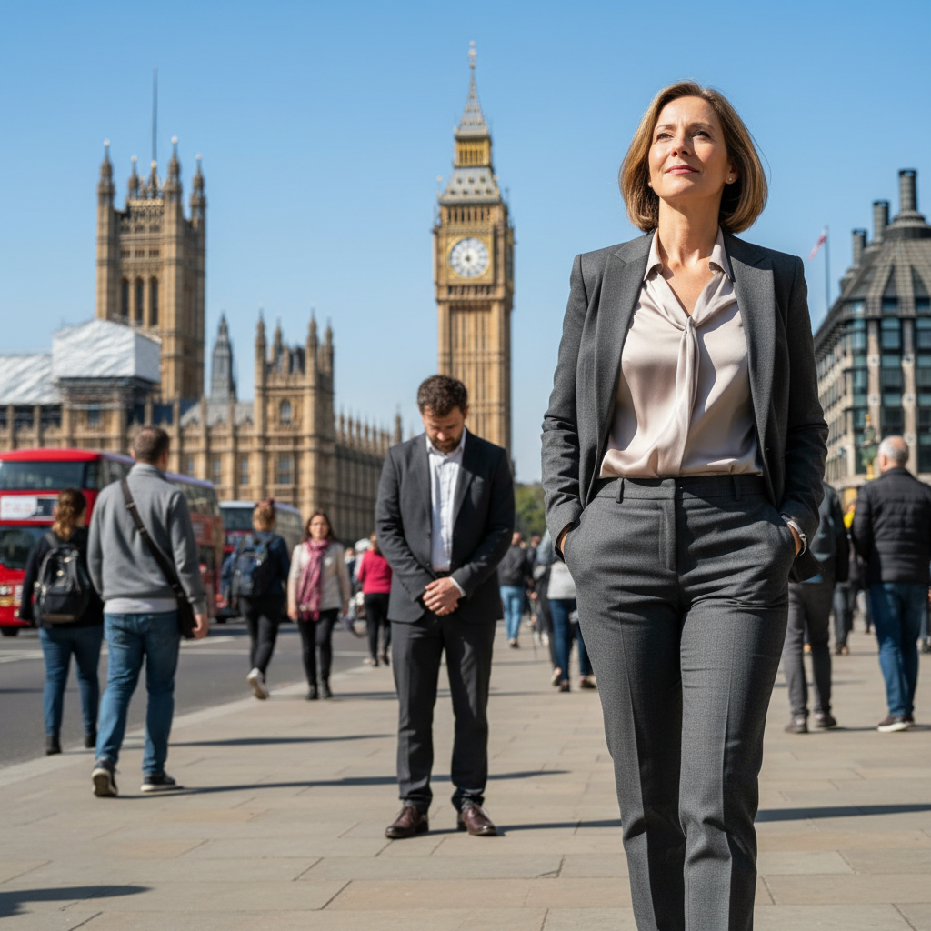 A professional scene representing protection from harassment in the UK, showing an adult individual looking relieved and empowered while walking away from a concerned adult figure in an urban London street setting, with iconic UK landmarks like Big Ben in the background, symbolizing the relief provided by a Section 13 Notice against persistent harassment.