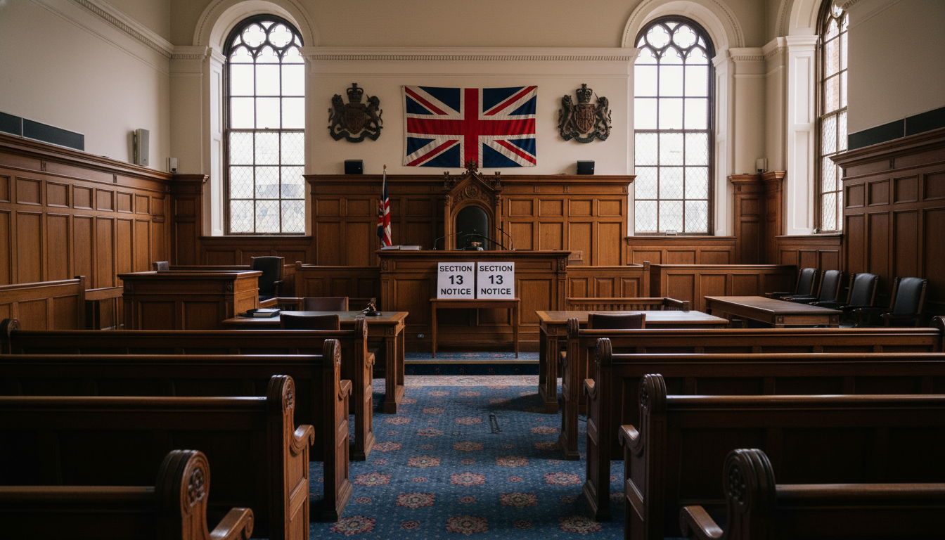 British courtroom with legal notices