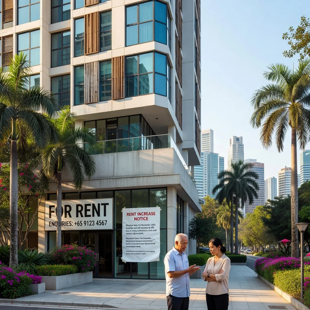 A photorealistic image of a modern Singaporean apartment building exterior with a 'For Rent' sign, symbolizing rental agreements and the context of rent increases in urban Singapore, featuring adult residents in the background but no children visible.