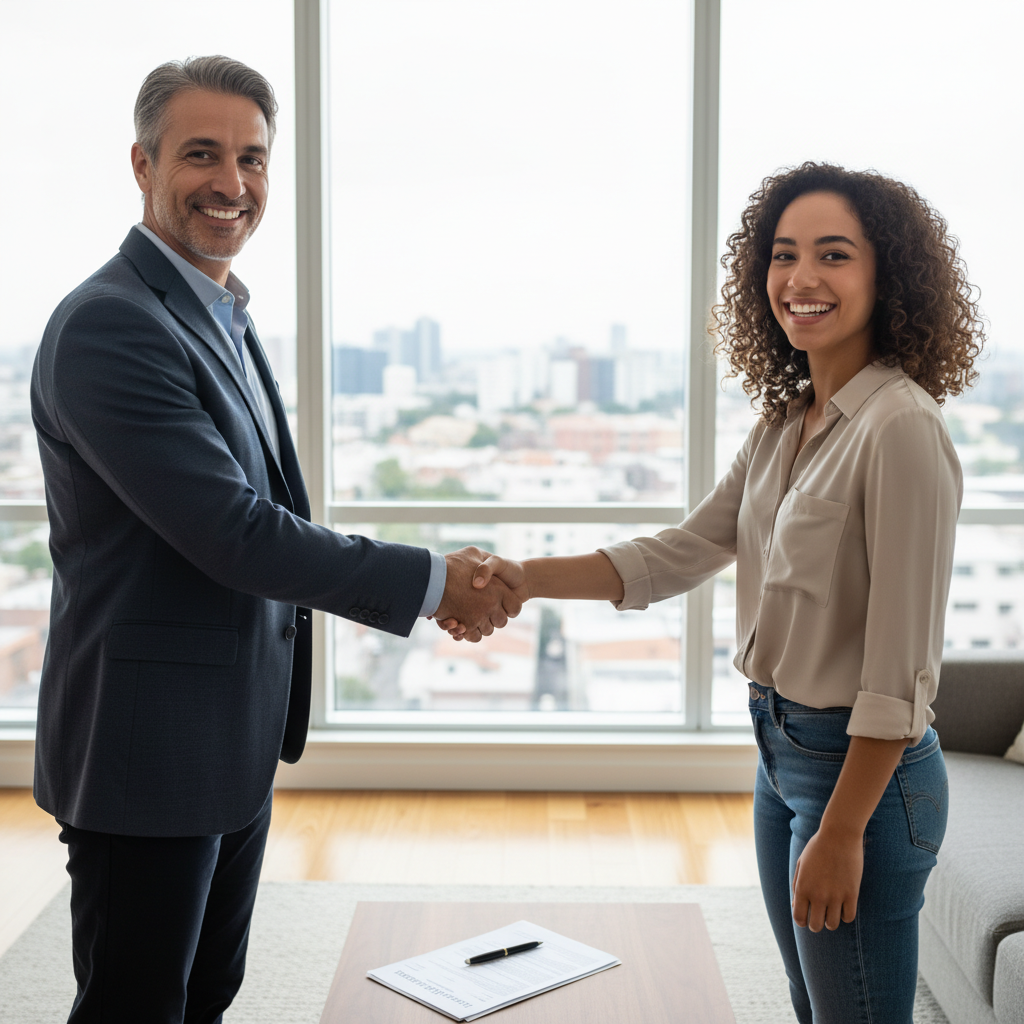 A photorealistic image of a professional adult landlord and tenant shaking hands in a modern apartment living room, symbolizing a rental agreement discussion, with rental lease paperwork subtly in the background on a coffee table. The scene conveys trust and agreement in housing rental context, no children present.