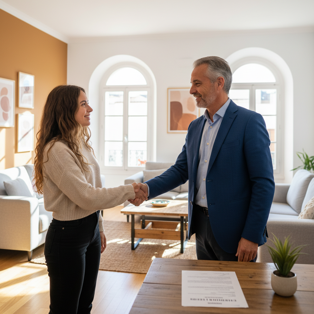A photorealistic image of a Spanish landlord and tenant shaking hands in a modern apartment living room, symbolizing a rent increase agreement, with subtle elements like a lease document on a table in the background. The scene conveys a professional and amicable discussion about rental terms, set in a bright, contemporary Spanish urban home. No children are present in the image.