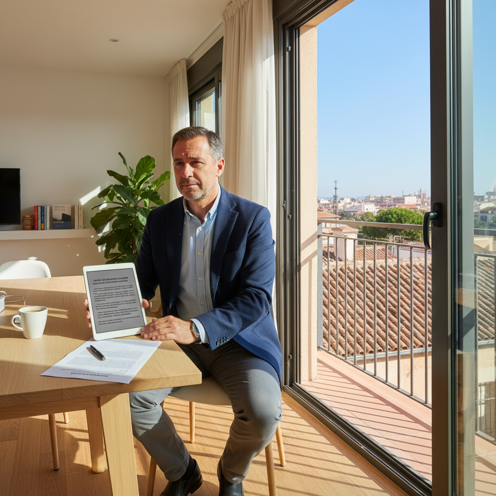 A photorealistic image of a thoughtful adult tenant in a modern Spanish apartment, reviewing a rent increase notice on a tablet while looking out a window with views of urban Spain, symbolizing the notification of legal rent adjustment.