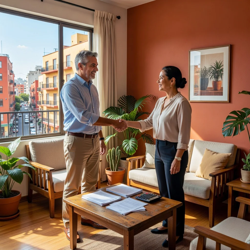 A photorealistic image of an adult Mexican landlord and tenant shaking hands in a modern apartment living room, symbolizing a rent increase agreement, with subtle rental paperwork on a table in the background. The scene conveys professionalism and mutual understanding in a residential setting in Mexico.