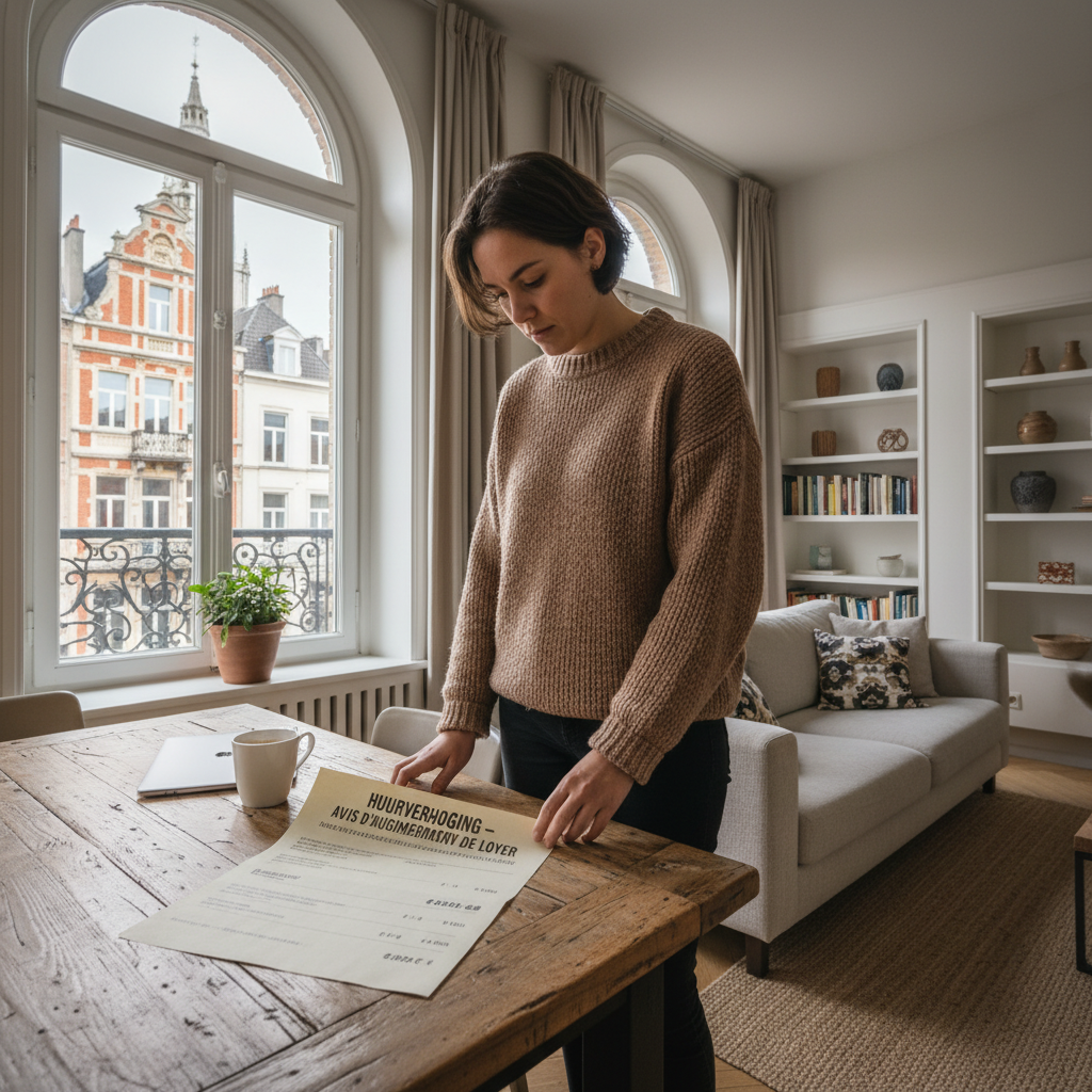 A photorealistic image of a young adult Belgian tenant in a modern apartment, reviewing a rent increase notice on a table with Belgian cityscape visible through the window, symbolizing the purpose of the Avis d'augmentation de loyer legal document without focusing on the document itself.