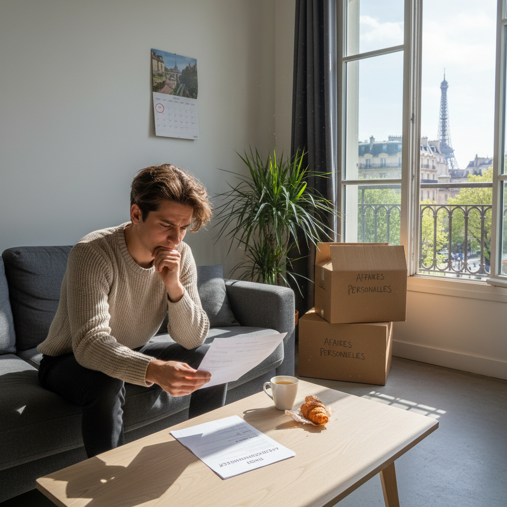 A photorealistic image of a young adult French tenant in a modern apartment in France, looking thoughtfully at a rent increase notice on a table, with subtle elements like a calendar and moving boxes in the background, symbolizing the transition of rental costs without focusing on the document itself. The scene conveys a sense of contemplation about housing affordability in an urban French setting.