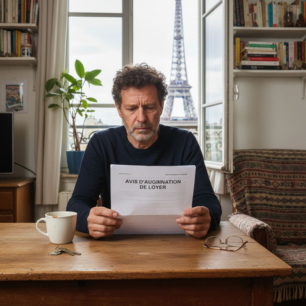 A photorealistic image of an adult tenant in a modern French apartment, reviewing a rent increase notice on a table with urban Paris skyline visible through the window, symbolizing the purpose of the avis d'augmentation de loyer document.