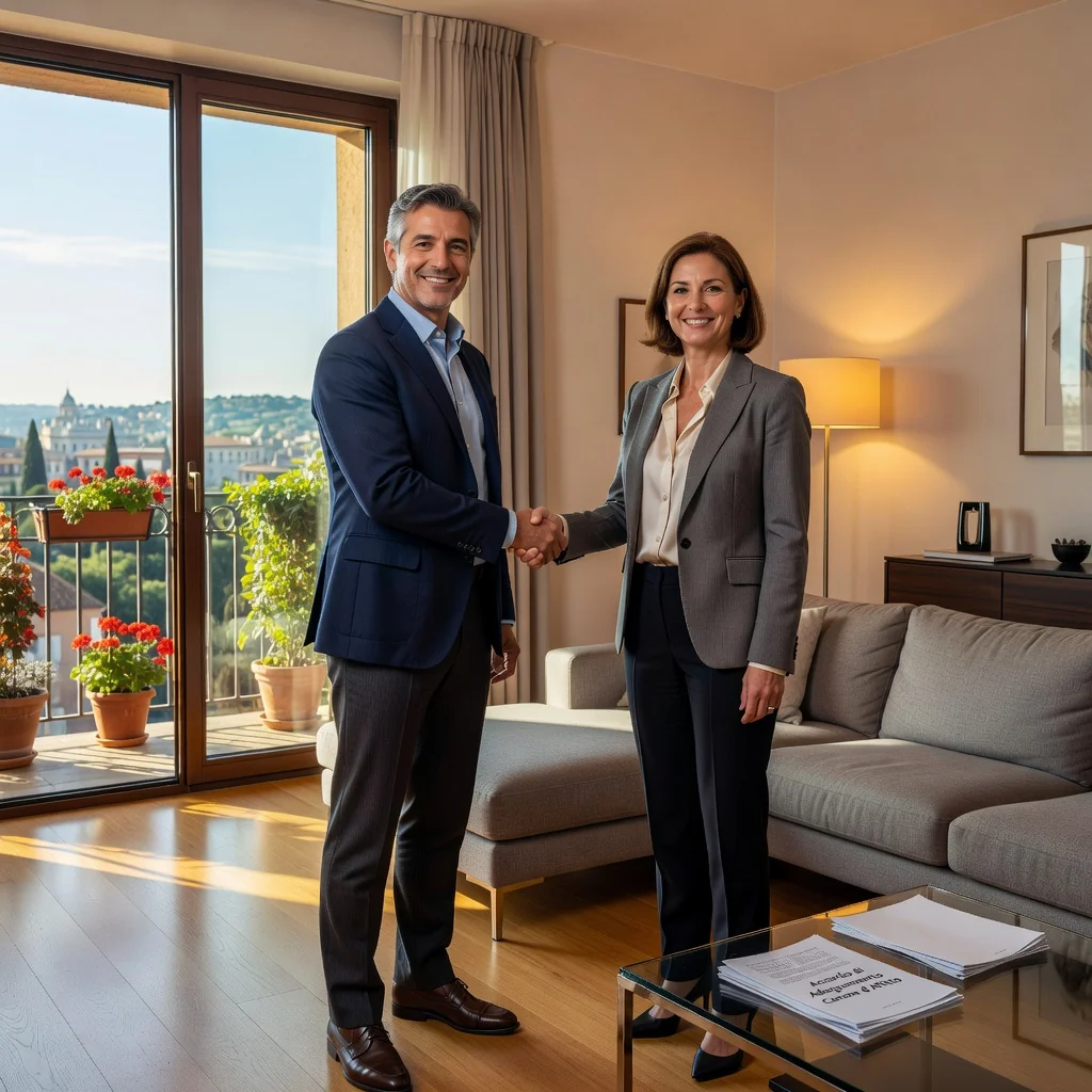A photorealistic image of an adult Italian landlord and tenant shaking hands amicably in a modern apartment living room in Italy, symbolizing a successful rent adjustment agreement, with subtle Italian decor in the background like a window view of a historic cityscape, no legal documents visible, no children present.