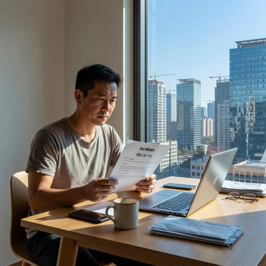A photorealistic image of a concerned adult Chinese tenant in a modern urban apartment, looking at a rental notice on the table, symbolizing rent increase notification, with city skyline visible through the window, no children present.