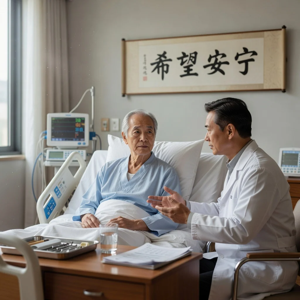 A photorealistic image depicting an elderly adult patient in a serene hospital room in China, thoughtfully discussing end-of-life care preferences with a compassionate doctor, symbolizing the purpose of advance medical directives. The scene conveys dignity, planning, and cultural relevance with subtle Chinese elements like traditional decor, but no legal documents visible. No children are present.