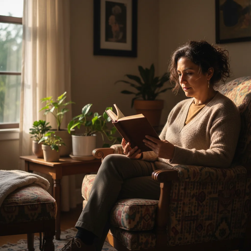 A photorealistic image of a serene elderly adult woman in a peaceful home setting, thoughtfully holding a handwritten note symbolizing her personal wishes for future medical care, with soft natural light filtering through a window, evoking themes of autonomy, dignity, and end-of-life planning in a Mexican cultural context, no children present.