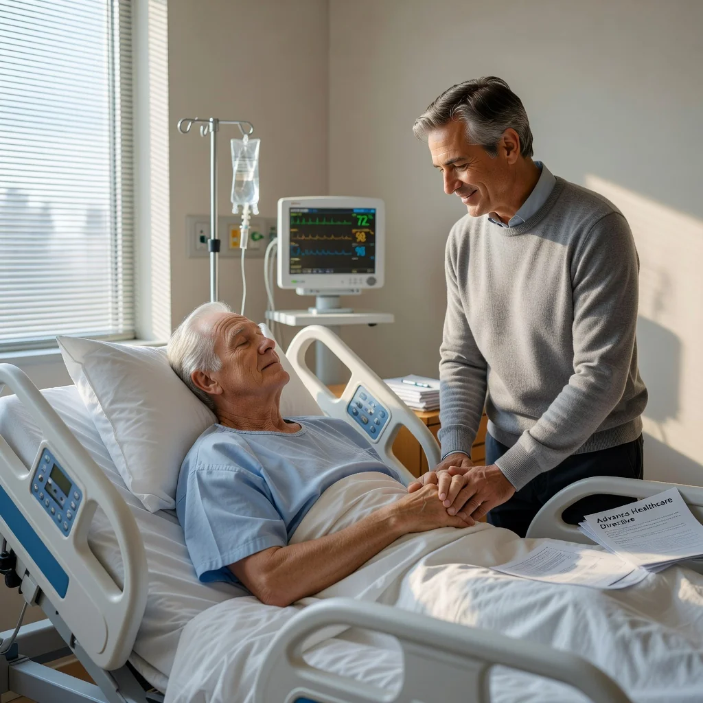 A serene photorealistic image of an elderly adult in a hospital bed, holding the hand of a concerned adult family member, symbolizing care, planning, and the importance of advance healthcare directives for end-of-life decisions.