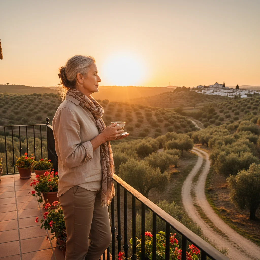 A photorealistic image symbolizing advance directives in Spain, depicting a serene elderly adult in their 60s thoughtfully overlooking a peaceful Spanish landscape at sunset, evoking themes of future planning, autonomy, and life reflection. No children are present in the image.