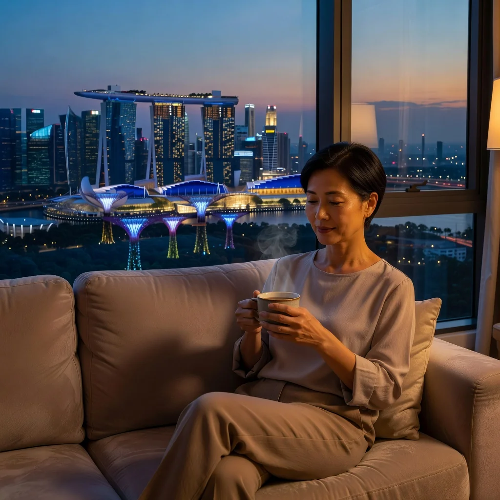 A photorealistic image of a thoughtful middle-aged Asian woman in a modern Singaporean home, sitting comfortably on a sofa with a warm cup of tea, gazing out a window overlooking a serene urban skyline at dusk, symbolizing reflection on future healthcare wishes and personal autonomy in medical decisions, no legal documents or text visible, no children present.