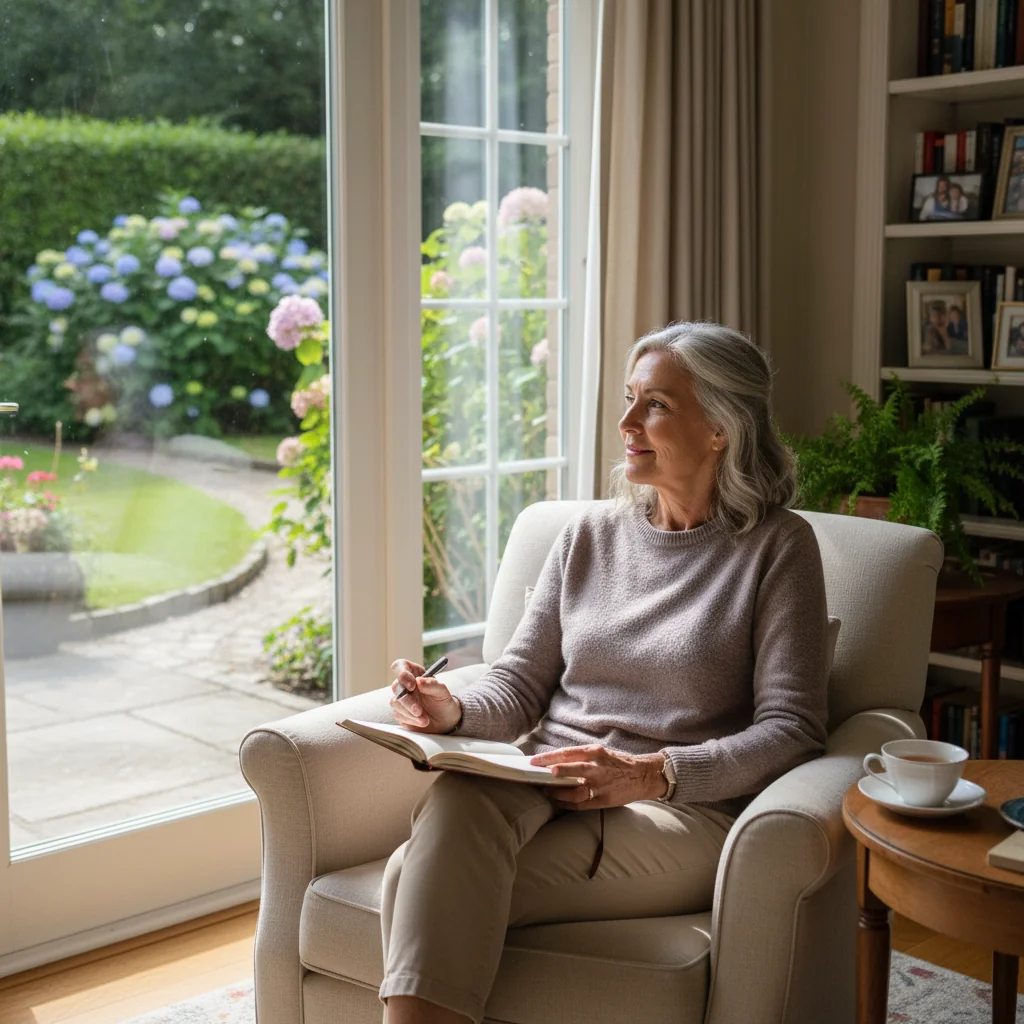 A serene, photorealistic image of an elderly adult in a peaceful home setting, looking thoughtfully out a window with a gentle smile, symbolizing personal autonomy, dignity, and advance planning for future healthcare wishes without showing any legal documents.