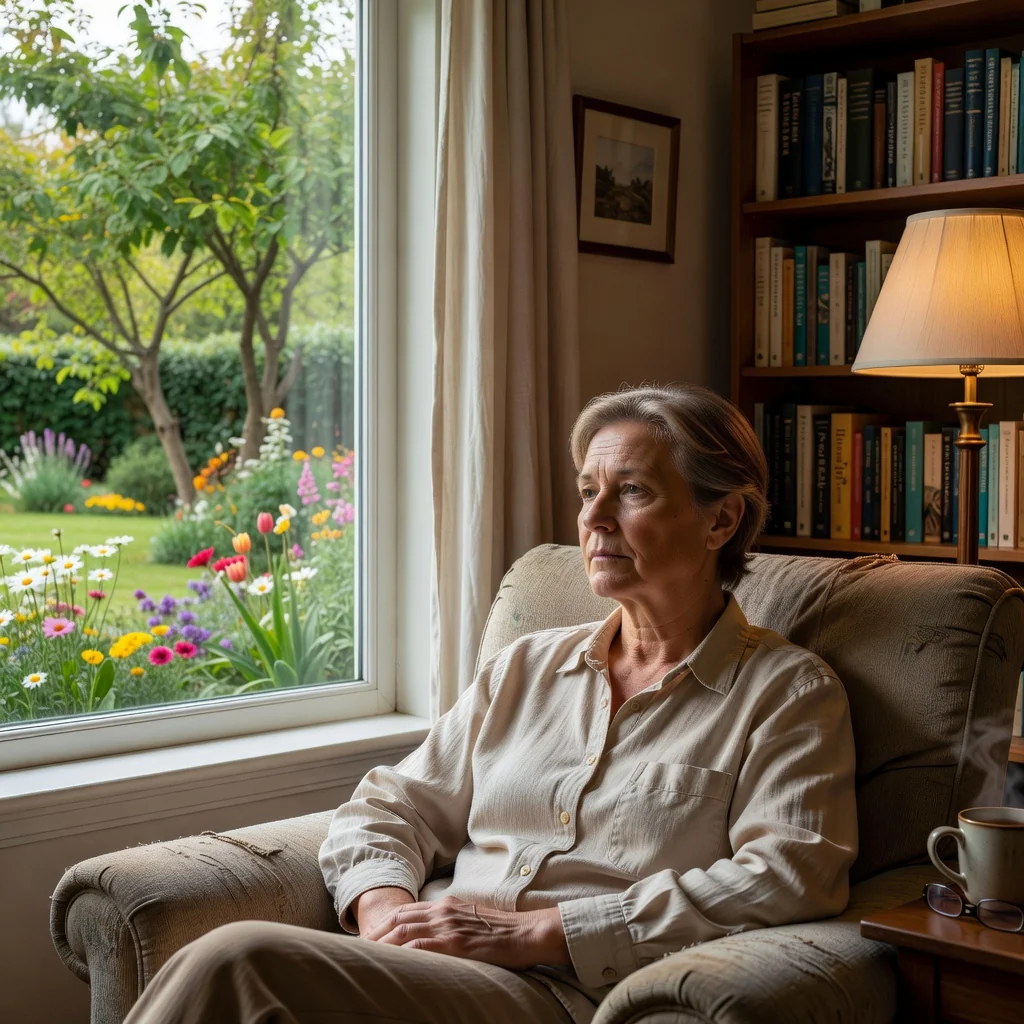 A photorealistic image of a thoughtful middle-aged adult sitting in a comfortable home setting, gazing contemplatively out a window with a serene garden view, symbolizing reflection on future healthcare wishes and the importance of advance planning, no legal documents visible, no children present.