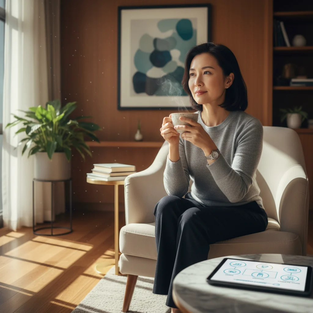 A photorealistic image of a thoughtful elderly adult sitting peacefully in a cozy living room, gazing out a window at a serene garden, symbolizing contemplation of future healthcare wishes and personal autonomy in end-of-life decisions.