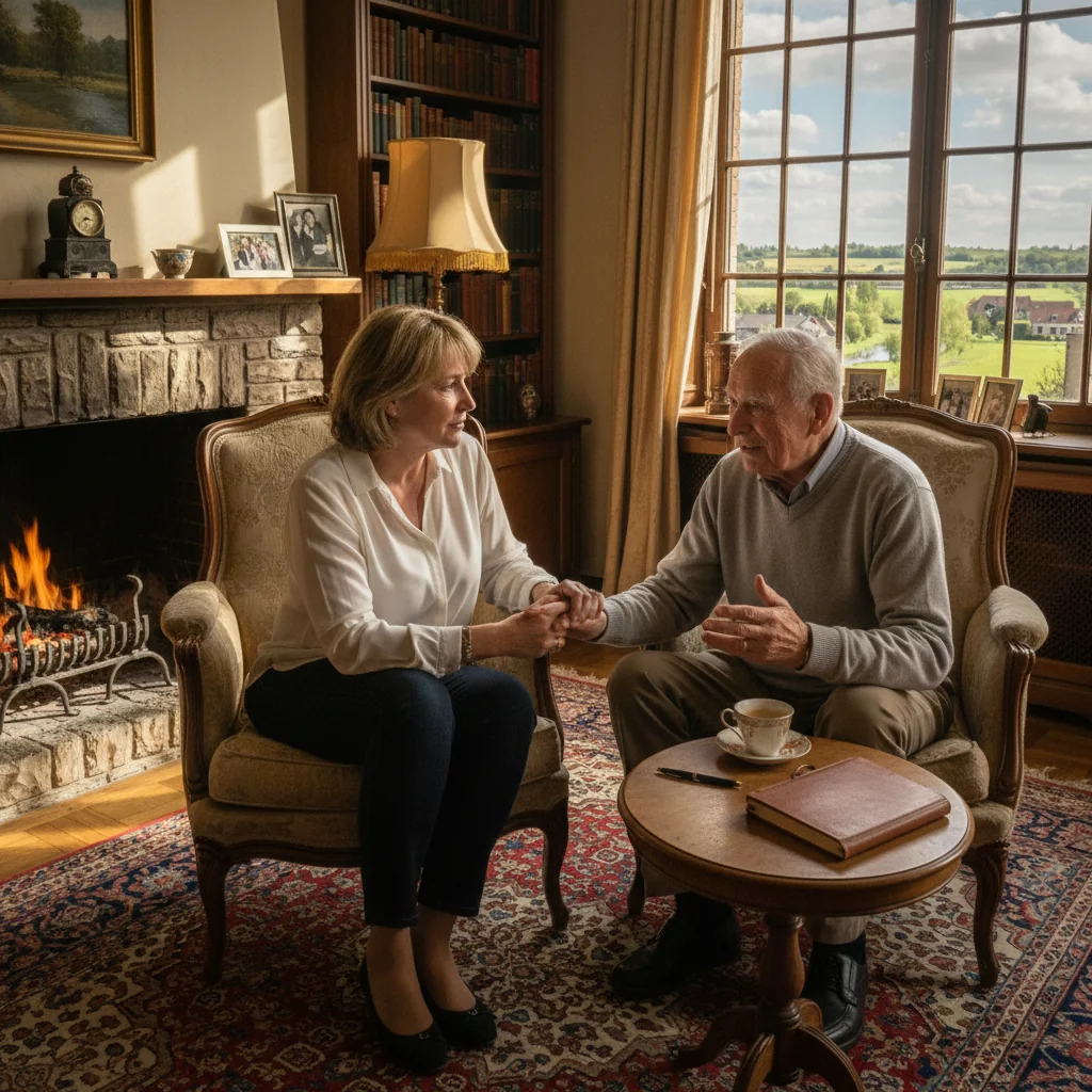 A photorealistic image symbolizing advance directives in Belgium, depicting a serene elderly adult in a peaceful home setting, thoughtfully discussing end-of-life wishes with a trusted adult family member, conveying care and planning without showing any legal documents.