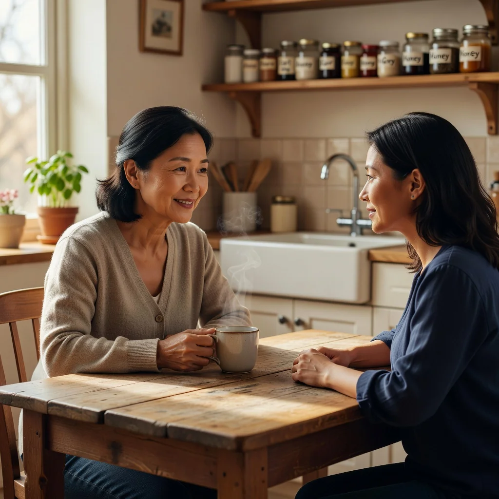A photorealistic image of a middle-aged Asian woman in a peaceful home setting, thoughtfully discussing her medical wishes with a trusted adult family member, symbolizing the preparation of advance medical directives for end-of-life care. The scene conveys serenity, empowerment, and family support, with warm lighting and natural elements like a window with soft daylight.