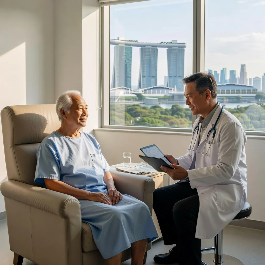 A photorealistic image depicting an elderly adult patient in a serene hospital room in Singapore, thoughtfully discussing end-of-life care preferences with a compassionate doctor, symbolizing the personal empowerment and planning provided by advance medical directives.