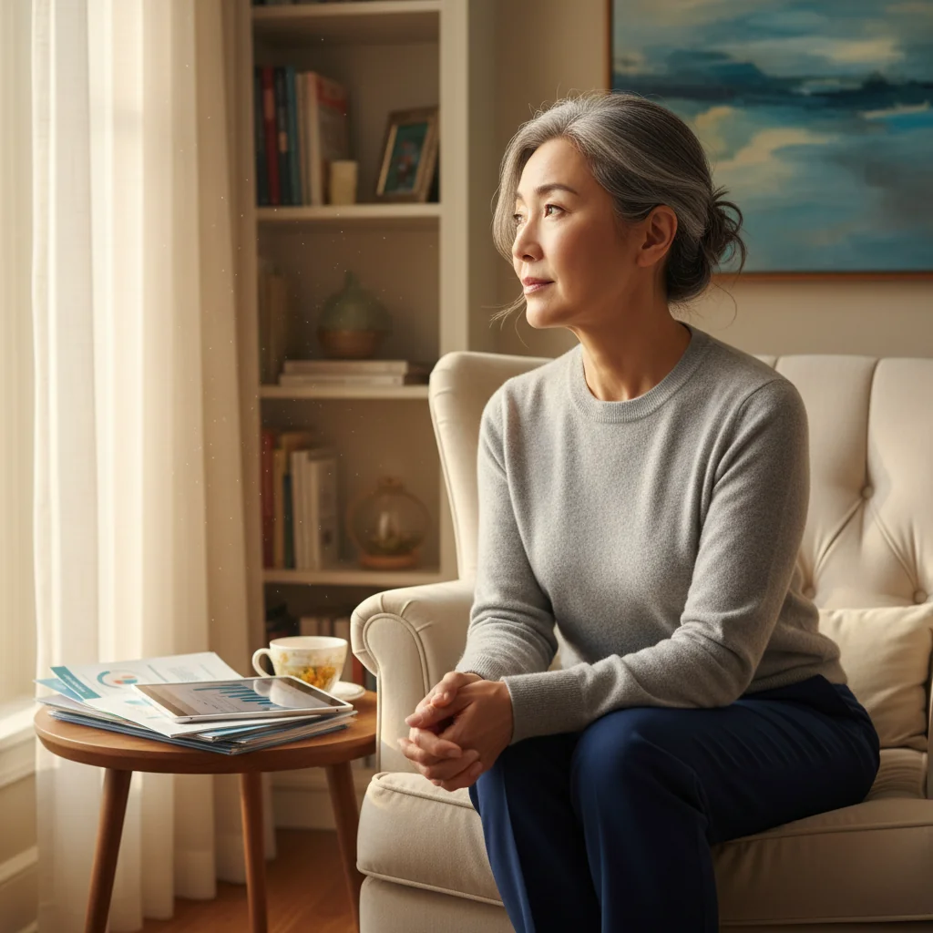 A photorealistic image of a thoughtful middle-aged adult sitting alone in a cozy home office, gazing out a window with a contemplative expression, symbolizing reflection on future medical wishes and personal autonomy in healthcare decisions, no children present, no legal documents visible.