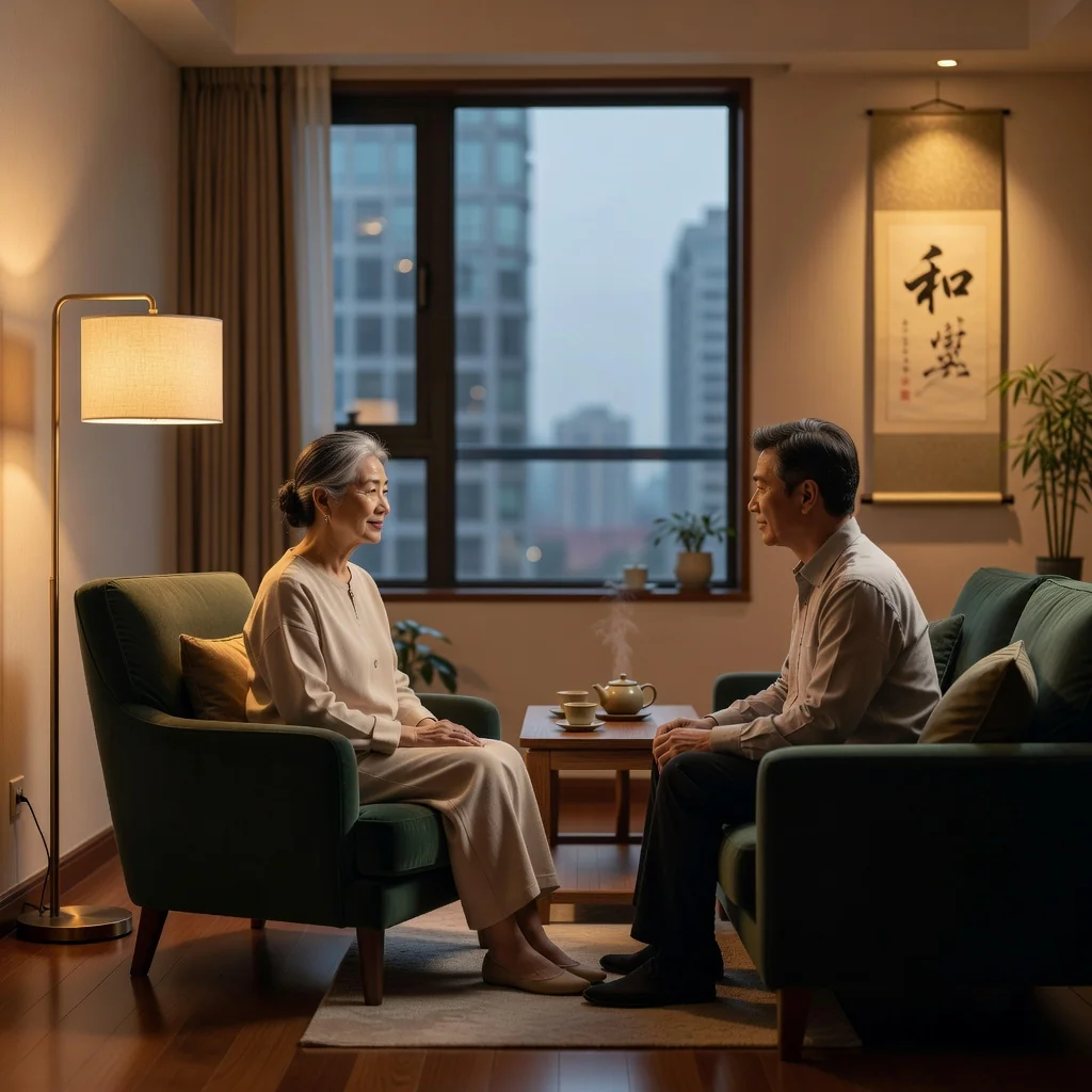 A photorealistic image depicting an elderly Chinese woman in a serene home setting, thoughtfully discussing her medical preferences with a trusted adult family member, symbolizing the importance of advance medical directives for personal healthcare autonomy.