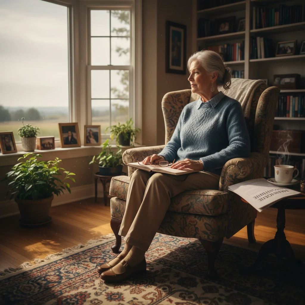 A serene elderly person sitting thoughtfully by a window in a cozy home, gazing into the distance with a sense of peace and reflection, symbolizing end-of-life planning and personal autonomy in medical decisions.