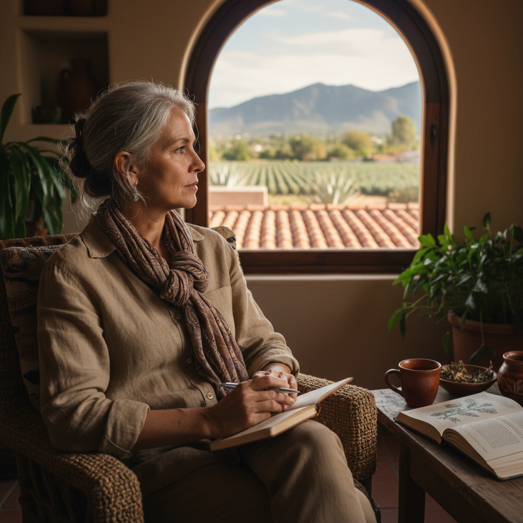 A serene photorealistic image of an elderly adult person in a peaceful home setting, looking thoughtfully out a window with a gentle expression, symbolizing contemplation and planning for future healthcare wishes in Mexico, evoking themes of personal autonomy and end-of-life decisions. The scene includes subtle Mexican cultural elements like warm lighting and traditional decor, but no legal documents or children are present.
