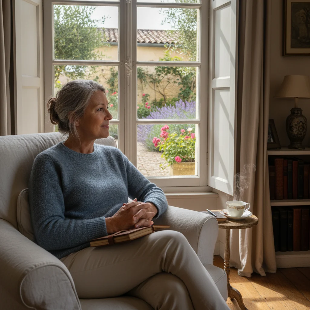 A photorealistic image of a thoughtful elderly adult sitting calmly in a peaceful home setting, gazing out a window with a gentle expression, symbolizing reflection on future medical wishes and end-of-life planning in France, evoking trust and serenity without any medical equipment or documents visible.