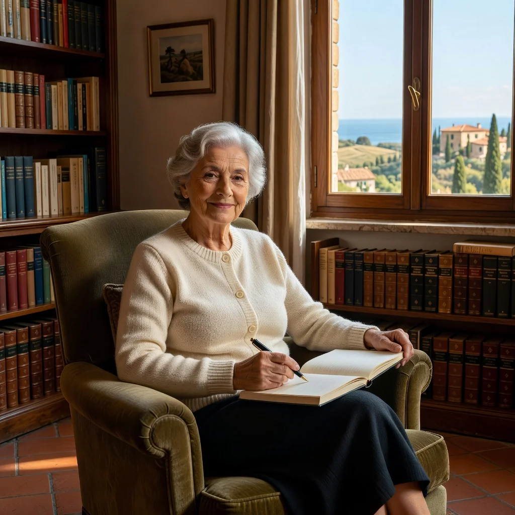 A photorealistic image of an elderly Italian woman in a serene home setting, thoughtfully holding a pen near a blank notebook, symbolizing personal autonomy and advance care planning, with warm natural light and Italian decor in the background, conveying dignity and reflection without any medical equipment or documents visible.
