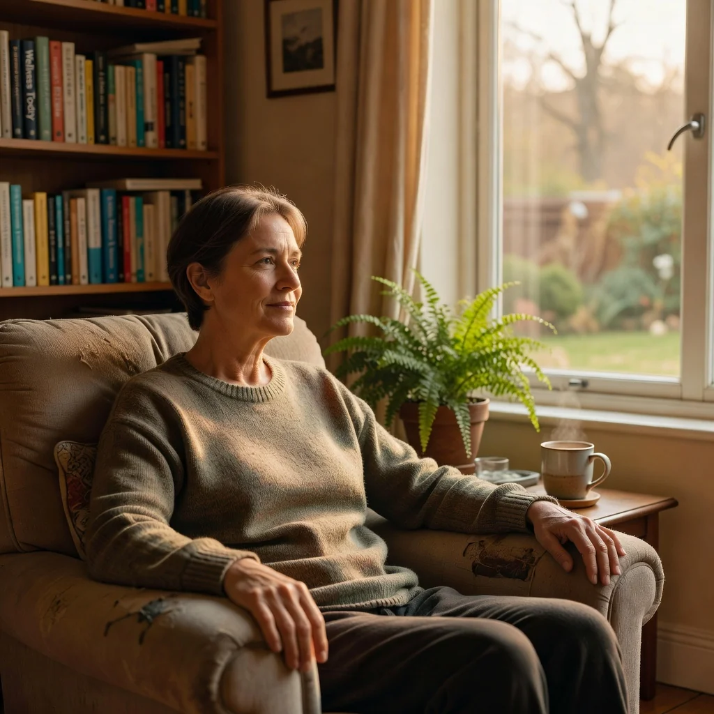 A photorealistic image of a thoughtful middle-aged adult person sitting calmly in a serene home environment, gazing out a window with a gentle expression of reflection and peace, symbolizing personal autonomy and advance planning for future medical care, no children or documents visible.