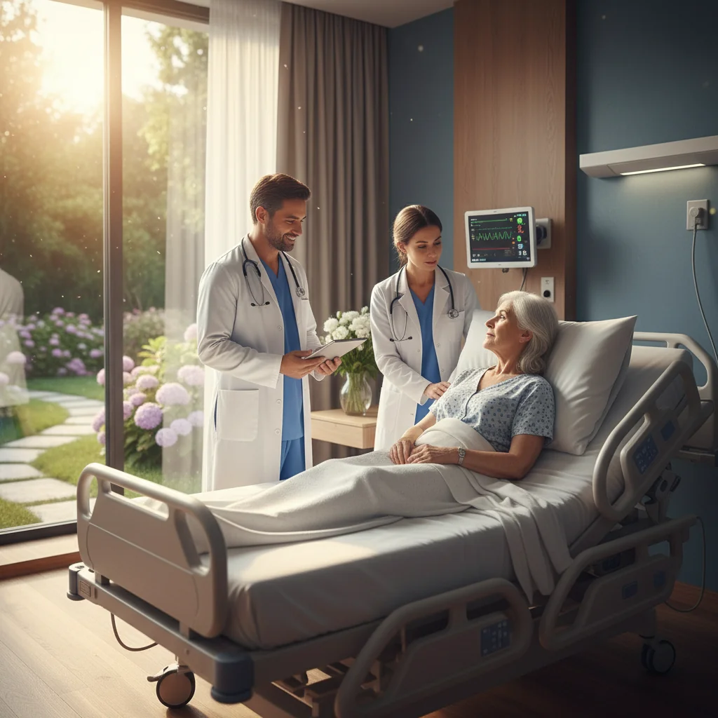 A photorealistic image of an elderly adult in a serene hospital room, peacefully resting in bed with soft natural light filtering through the window, surrounded by caring medical professionals discussing options, symbolizing thoughtful planning for future healthcare wishes without any focus on documents.