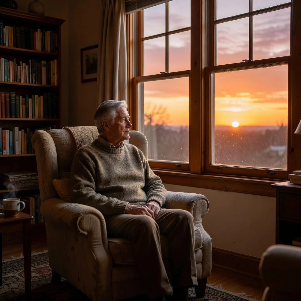 A photorealistic image symbolizing end-of-life planning and personal autonomy, featuring a serene elderly adult in a peaceful home setting, thoughtfully looking out a window at a calm sunset, evoking reflection and dignity without showing any medical distress or documents.