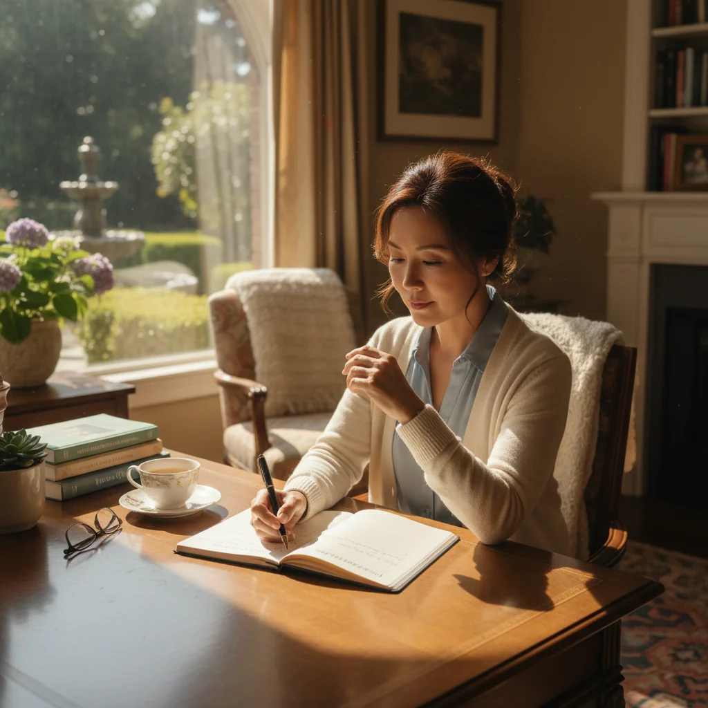 A photorealistic image of a thoughtful middle-aged adult sitting calmly at a wooden desk in a sunlit home office, gazing reflectively out a window at a peaceful garden, symbolizing contemplation and preparation for future healthcare decisions. The person is dressed in casual attire, with no documents or medical symbols visible, conveying serenity and personal empowerment. No children are present in the scene.
