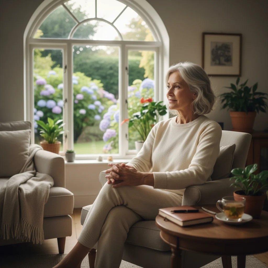A serene photorealistic image of an elderly adult in their 60s, sitting peacefully by a window in a cozy living room, gazing thoughtfully at a peaceful garden outside, symbolizing contemplation of future healthcare wishes and personal autonomy in end-of-life decisions.