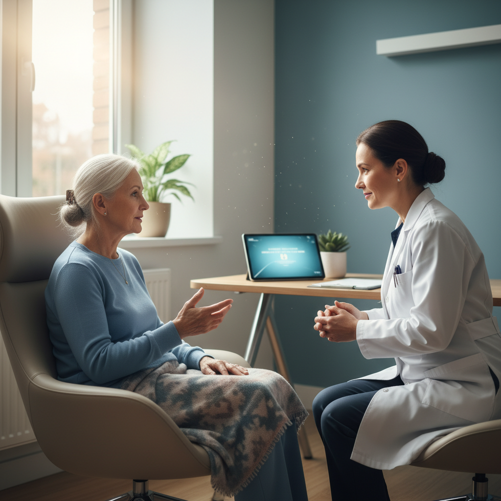 A photorealistic image depicting an elderly adult person in a serene hospital room, peacefully discussing medical preferences with a compassionate doctor, symbolizing empowerment and control over personal healthcare decisions through advance directives, with warm lighting and a sense of calm assurance.