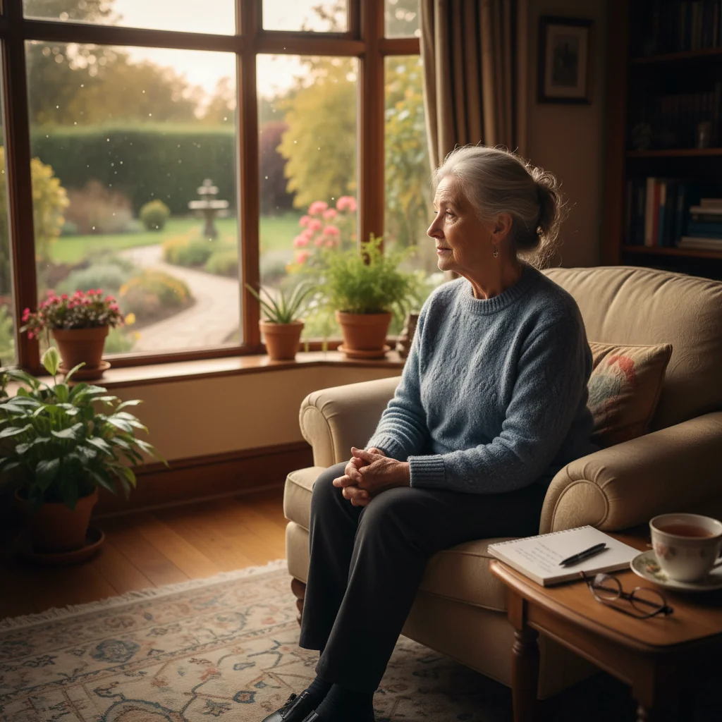 A serene photorealistic image of an elderly adult in a peaceful home setting, thoughtfully reflecting on life choices, symbolizing the purpose of advance directives for end-of-life decisions.